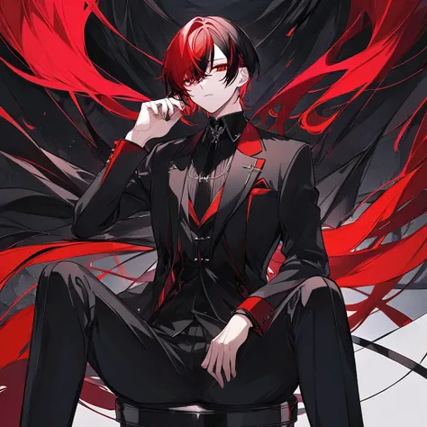   1 boy 、   beautiful eyes ((red))、 Multicolored Hair((  short、Half red hair  、 Half black hair))、 black suit、 sit cross-legged、Black Room 