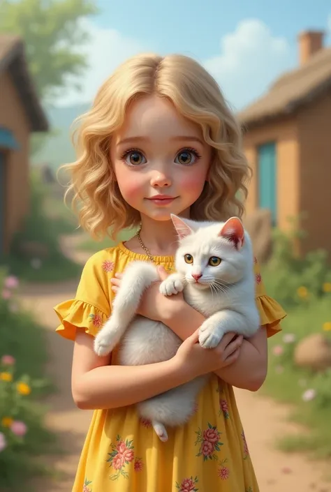 The image is a portrait of a young girl, around 4-. She is wearing a yellow dress with a floral pattern, and her golden hair is styled in loose waves. The girl is holding a white cat in her arms and looking at the camera with a curious expression. The back...