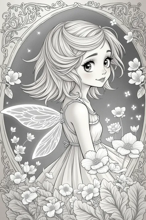 kawaii style (Full body black and white coloring page of Smiling Blonde FAIRY with Glowing Wings),  Magic Forest background  (masterpiece, 4k)