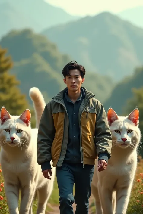 A Korean man dressed in a jacket in a jacket has a name *herly *and walk together giant cats walk together