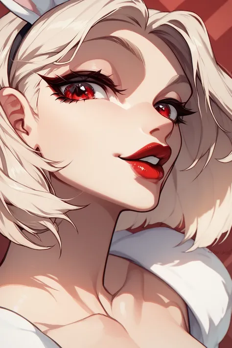 1 woman, beautifull eyes, white bunny girl , red eyes, red lips ,close up , clound background 