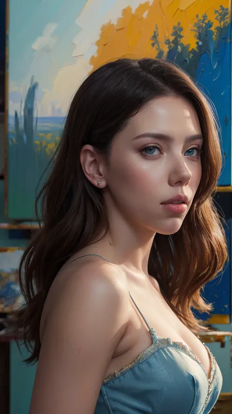 (An oil on canvas painting:1.4) of Scarlett Johansson,  long hair, sky blue eyes, (impasto brush strokes:1.2), her hair is disheveled and tousled by the wind, (30ish years old:1.2), gorgeous woman, 30ish years old, (beautiful face: 1.2), corset dress, Look...