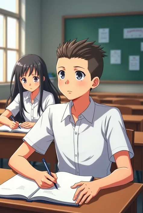 Anime character

a class room, there are rows of long wooden desks and benches

buzz cut hairstyle boy is sitting in front row writing on book
Long hair girl is sitting in the row just behind the boy

They are wearing white school uniform.