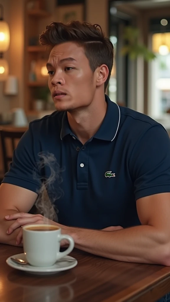 Imagine a guy in a navy blue Lacoste polo shirt, his gym-toned body filling it out perfectly. The shirt’s crisp lines complement his athletic build, while the iconic green crocodile logo adds a subtle touch of class. Hes sitting in a cozy cafe, a coffee in...