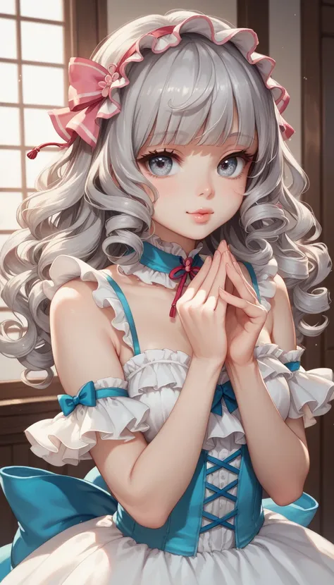 ultra detailed, detailed and cute eyes, japanese , ( cute  girl),look at the photographer､  (curly gray hair, nekomimi),  glossy lips,  center image,  perfect limbs, perfect anatomy,(frilled summerdress),suggestive