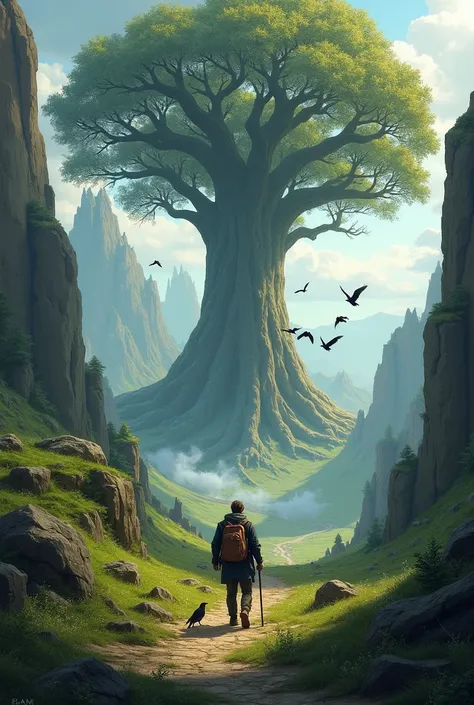  A traveler on a path that leads to the big Yggdrasil tree, with crows flying around like guides .