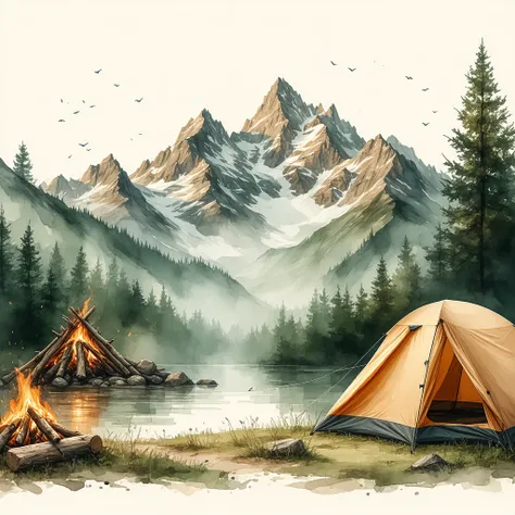 (((Masterpiece))), Create a hand-drawn style illustration suitable for a camping-themed mug design. The illustration should feature rugged outdoor elements, including mountains, a campfire. Ensure the artwork is free-standing with a transparent or plain ba...