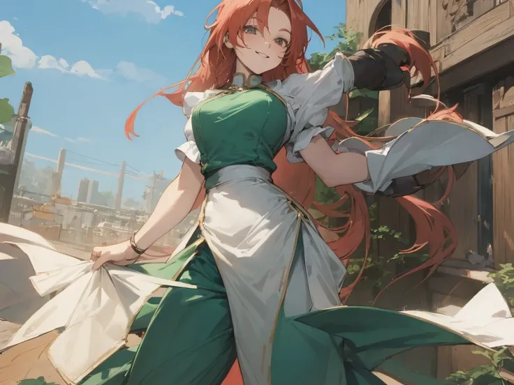 Hong Meiling　Cheerful smile　 standing in front of a large gate　Clear skies　cream colored pants 