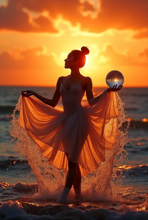 A ballerina, silhouetted against a vibrant sunset over the ocean, holding a luminous sphere, is enveloped in a flowing, translucent skirt of water splashes, creating a breathtaking, ethereal, and dramatic scene.  The image should mimic the detailed water t...