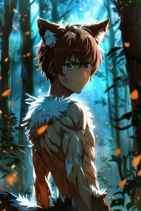 1 man, high resolution , Alone,  short hair, fringe,  brown hair ,  red eyes , wolf ears, wolf tail, high resolution , Muscles, with anger, In a forest at night, brilliance, Lines of action, anime, Backlighting,  brown hair 