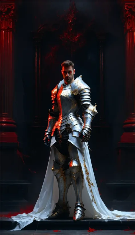 is possessed by a demon, a holy knight commander.A full-body image of an adult male . muscular body .Wear white gold holy knight armor. Eyes Deep Red . standing inside a mysterious black and red church.Bold composition
