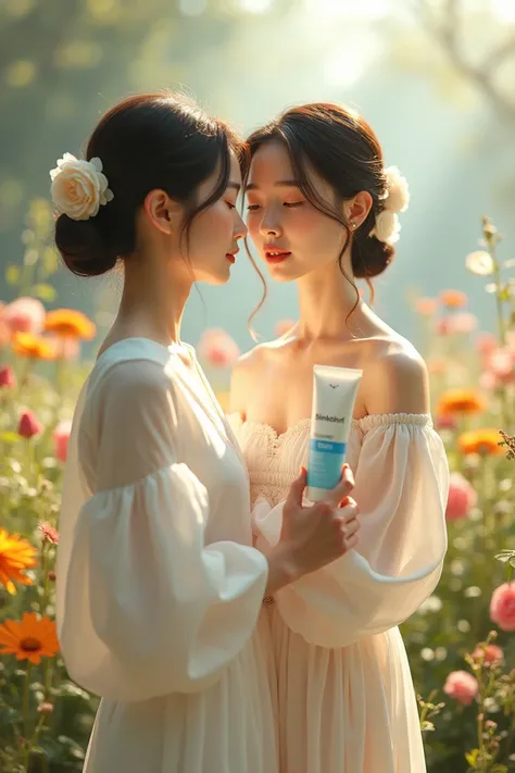 . A Japanese woman, a beautiful white girl wearing a white dress, is standing in a beautiful flower garden..In her right hand is holding a BlinkBlink brand sunscreen lotion, a white tube with a blue logo 