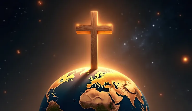 A symbolic and spiritual composition featuring a wooden cross glowing with divine light, standing atop a highly detailed Earth globe. The globe displays vivid continents and oceans illuminated by warm sunlight breaking at the horizon. The background is a d...