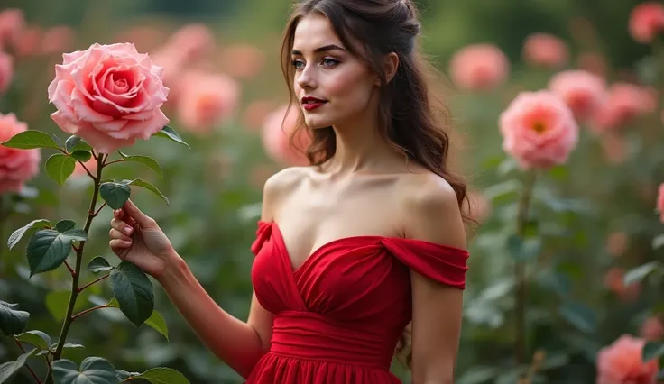 A beautiful girl in a red dress standing next to a pink flower, beautiful southern European woman, beautiful European girl, beautiful young European woman, beautiful young European woman, beautiful woman, stunning elegant picture, elegant European woman, e...