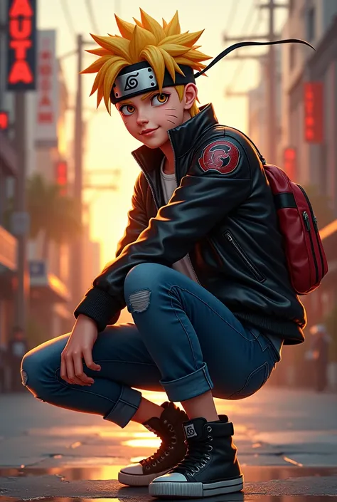 Uzumaki Naruto, 1boy, beautiful detailed eyes, beautiful detailed lips, extremely detailed face, longeyebrows, short spiky blonde hair, street wear, leather jacket, ripped jeans, sneakers, urban city background, dynamic pose, cinematic lighting, warm tones...