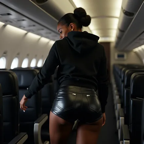 black woman hair in a bun black hoodie black leather short short bending over the seat in front of her getting something on the plane. backside view hyper realistic 8k clothe folding
