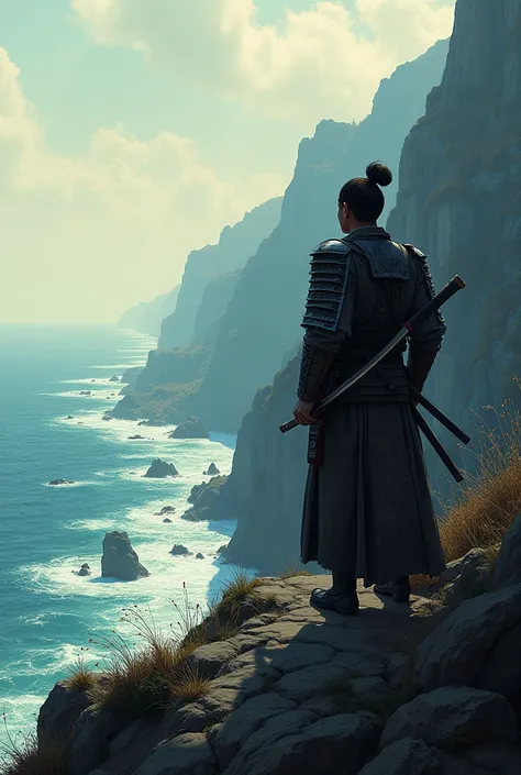 I need a manga style PR image from an open world PR ,  because Im making one called Dark Lineage and the image for the system I want it to be in Lore Sombria Berserk style, Make an image of a coastal samurai looking at an open world 