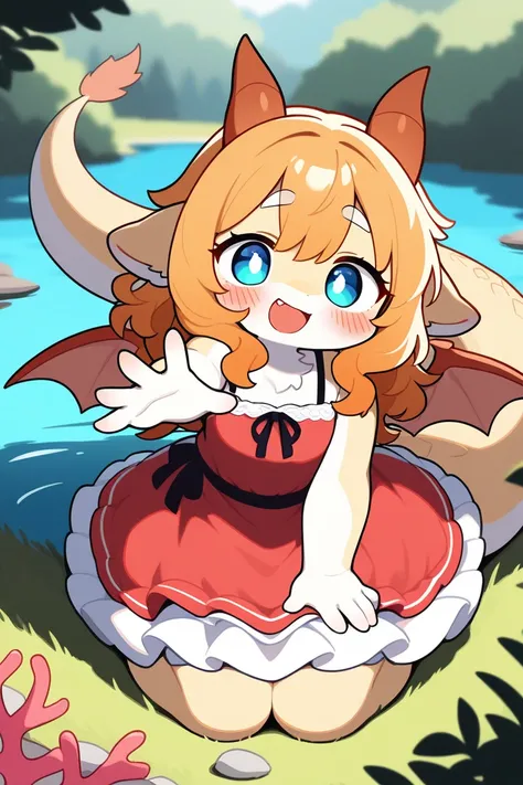 1girl, kemono, furry, dragon wings, tail, scales, wavy coral hair, aquamarine eyes, faint blush, fang, wearing a cute dress, long puffy skirt, kneeling beside a pond, reaching out to touch the water with one hand, full body