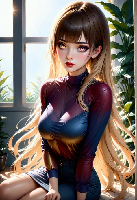 (masterpiece, aesthetic, detailed eyes, realistic), 1girl, mahiru shiina, angel next door spoils me rotten, Long smooth straight golden hair, gradient eyes from purple to golden, large bust, large hips, slim waist, sitting in casual clothes, super detail, ...