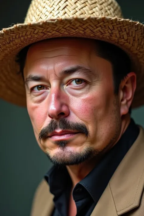 Elon Musk with a mustache and a straw hat