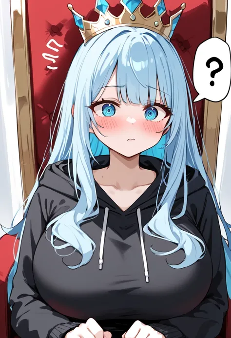 Highest quality, 1girl, solo, light blue hair, long hair, crown on head, large breasts, black hoodie, confused, ? text bubble, blushing, sitting on throne, portrait 