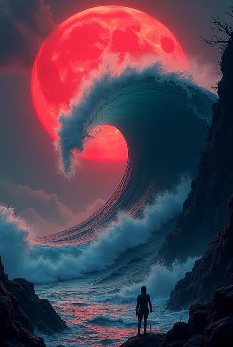 Giant wave for surfing
Tonight and the full Moon in the background shines an intense red 
Gothic scenery 