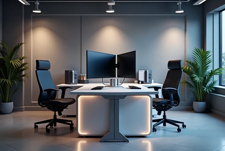 "A professional office room designed as a video background, featuring a three-sided U-shaped desk. Each side of the desk has a modern configuration, including two 24-inch monitors, a large white CPU cabinet backlit and ergonomic office chairs. The room is ...