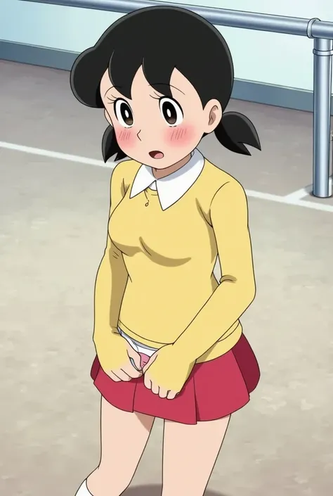 Shizuka, short black hair, with bangs, pigtails, tight yellow blouse with white collar, short red skirt, white socks, brown shoes, large breast, tight clothes, face blush, sweaty, wet clothes, blush, showing white panties