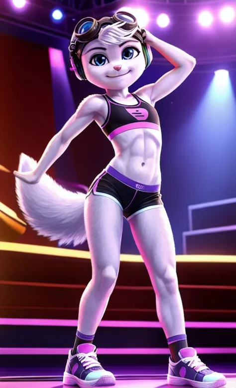 Rivet, tail, furry girl, 1girl, solo, young, pink sport shorts, pink sport bra, black soccer shoes, inside livingroom, dancing, listening to music wearing headphones, detailed body fur, detailed body, detailed eyes, detailed face, athletic, skinny, high qu...