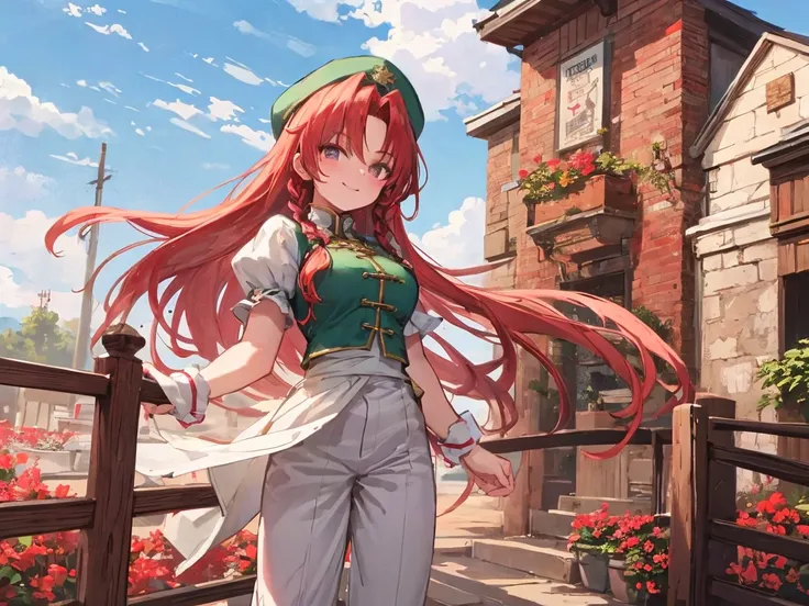 Hong Meiling　smile　 standing in front of a large gate　Clear skies　cream colored pants 　