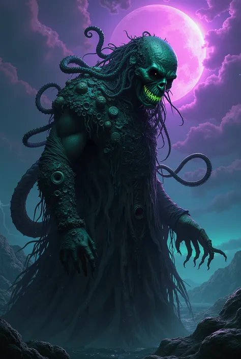 Demonic maritime monk in profile with algae, shells, mollusks and octopus tentacles with a green neon light in the sea at night with thunder in a range of purple with green lights 