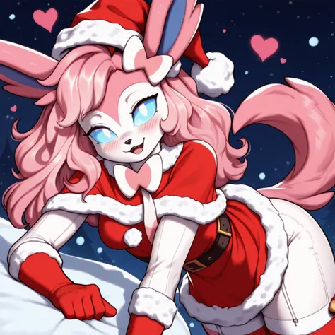 Loving expression, Happy expression, 1girl, anthro, furry, fur, fluffy fur, fluffy big pink tail, sylveon girl, pink hair, medium/long hair, soft/messy hair, (19 years), white eyes, blue sclera, glowing eyes, medium breast, thicc thighs, lots of hearts, (a...