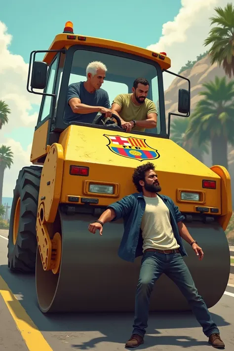 Two man with a road roller , one who is a bit black just a bit and has white hair , the other one is bald and no beard. These road rollers have a Barcelona logo. They are trynna hit a man with a medium beard and black hair 