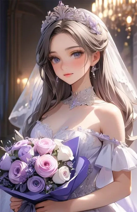 ((highest quality)), ((masterpiece)), (Get used to it), Perfect Face , beautiful girl , Princess , Purple , bouquet ,