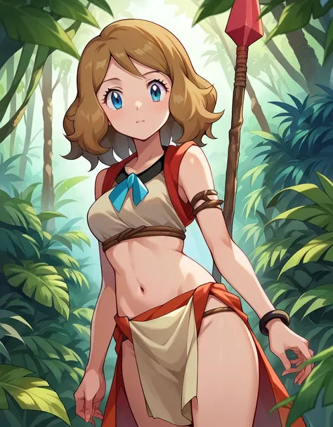 score_9, score_8_up, score_7_up, source_anime,
pokemonserena,spear blue eyes, brown hair, tribal,
leaf loincloth, ,
outdoors, jungle,
looking at viewer, cowboy shot, dutch angle,