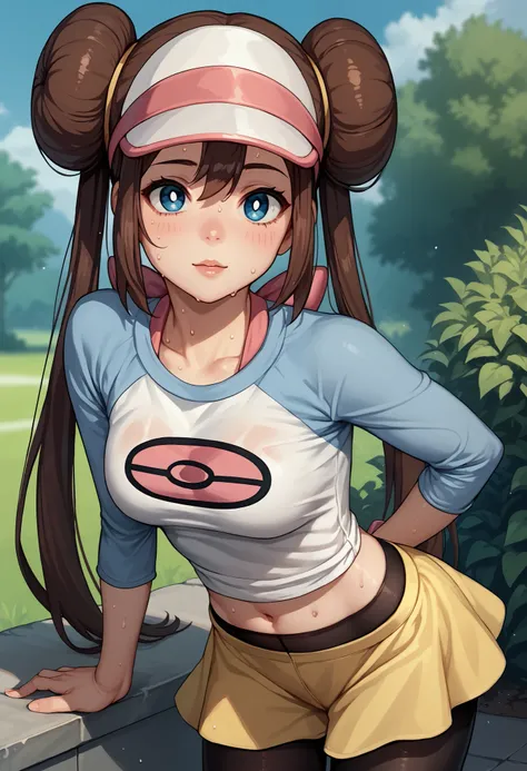 score_9, score_8_up, score_7_up, source_anime, 1girl, solo, outdoors, rosa, navel, sweating, sweat, bent over, hand in forehead, brown hair, double bun, doughnut hair bun, hair bun, blue eyes, hair between eyes, twintails, pantyhose, pantyhose under shorts...