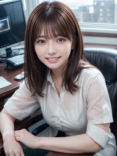  extremely detailed CG Unity 8K wallpaper , Beautiful paintings, (( brown hair 、Girly Hair:1.2)), ((Red eyes、Droopy eyes:1. 4)),  shiny hair, Thick bangs, (( I show my white teeth and laugh : 1. 2)), ((Image Processing Algorithms:1.5)),  high pixel density...