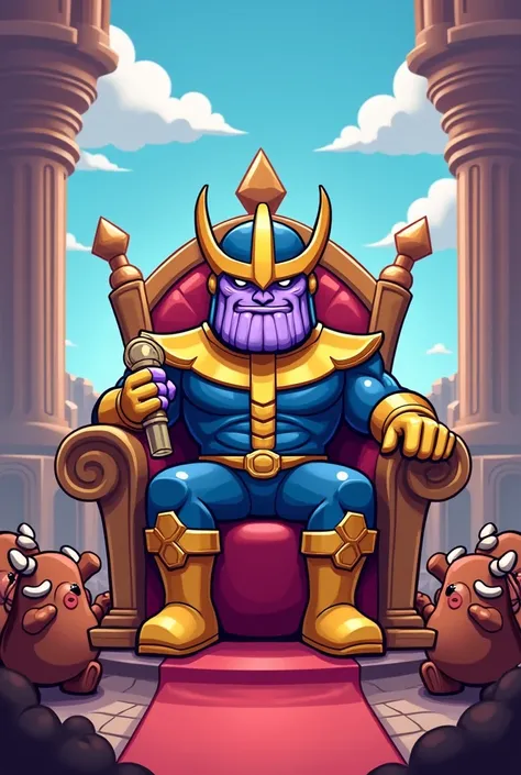 Cartoon of Thanos , sitting on a throne,  wearing his battle helmet on his head,  composition of power and authority ,  using the power manoloa ,  Platform game, very cute, very stylized,  Characters based on Haggis 