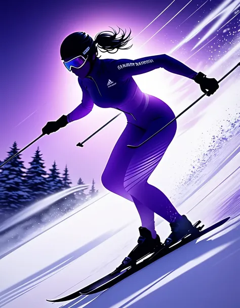 Semi-transparent purple silhouette female model, Translucent purple silhouette female shape doing ski sprint, Skiing downhill, Dynamic Motion, silhouette art, Womens ski sprint, Motion Blur, Mystery vibes, Suspense Setting, Majestic snowy, Undulating, Hill...