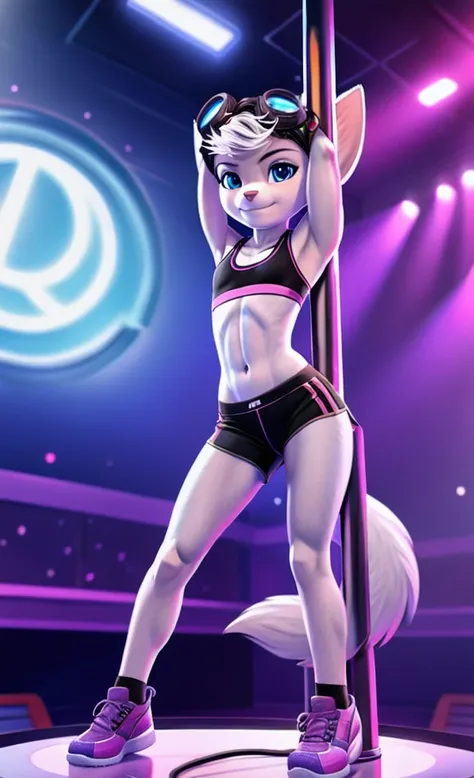 Rivet, tail, furry girl, 1girl, solo, young, pink sport shorts, pink sport bra, black soccer shoes, inside livingroom, pole dancing, listening to music wearing headphones, detailed body fur, detailed body, detailed eyes, detailed face, athletic, skinny, hi...