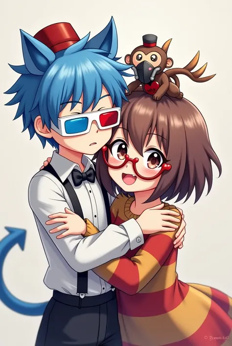 anime style image. Couple hugging, taking a selfie. The boy has blue hair, small blue ears in his hair, white 3D movie glasses (blue and red lenses), a black bow tie, a white dress shirt, black suspenders and a monkey above his head with a red vest and a r...