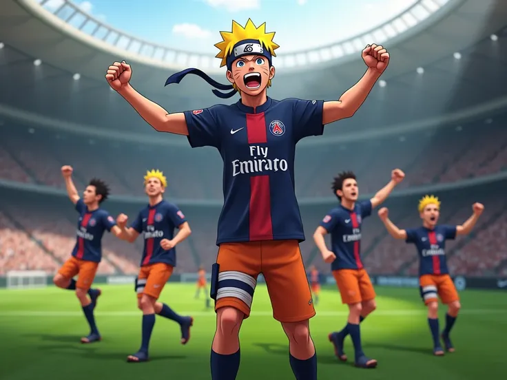 Create a realistic image of Naruto Uzumaki as part of the Paris Saint-Germain soccer team celebrating a victory