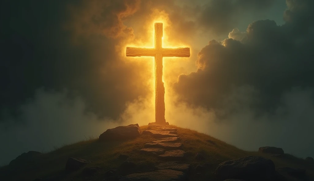 A dramatic and atmospheric scene of a glowing cross on a hilltop, illuminated with a radiant golden light that pierces through dark, stormy clouds. The cross is rugged and wooden, exuding a sense of solemnity and reverence. The surrounding environment is d...