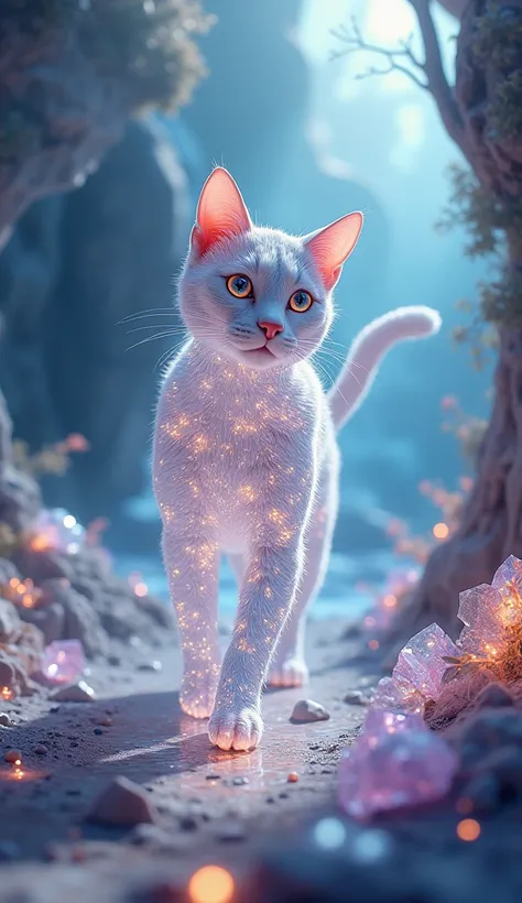 Surrealistic scenes in photorealistic style. A beautiful cat that looks like a jewel made of crystal is walking gracefully. The cats body is made of transparent crystal that reflects light and shines in various colors. A fantastical landscape spreads out i...