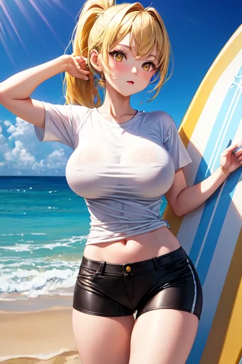 (High definition, masterpiece,  top quality )  Long light yellow ponytail ,  Girl with light yellow eyes ,  big boobs, Im wearing a white t-shirt and a black skinny, Im holding a surfboard vertically .