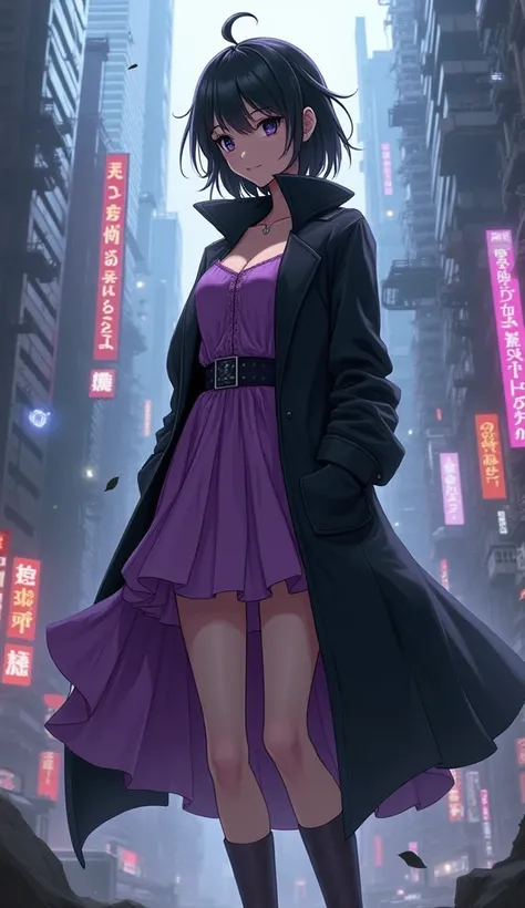 a woman in a purple dress and black coat standing in a city, cyberpunk anime girl, modern cyberpunk anime, anime cyberpunk art, dreamy cyberpunk girl, female cyberpunk anime girl, style of cyberpunk, cyberpunk anime art, cyberpunk high fashion, digital cyb...