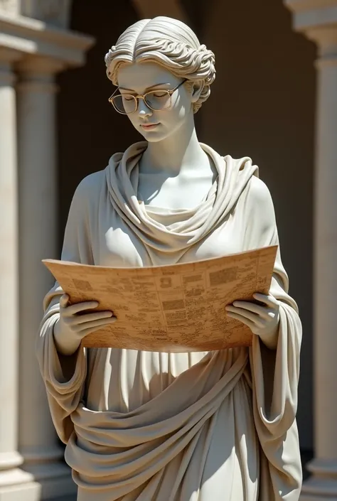 a Greek-Roman statue holding a paper map in her hands. wearing glasses
