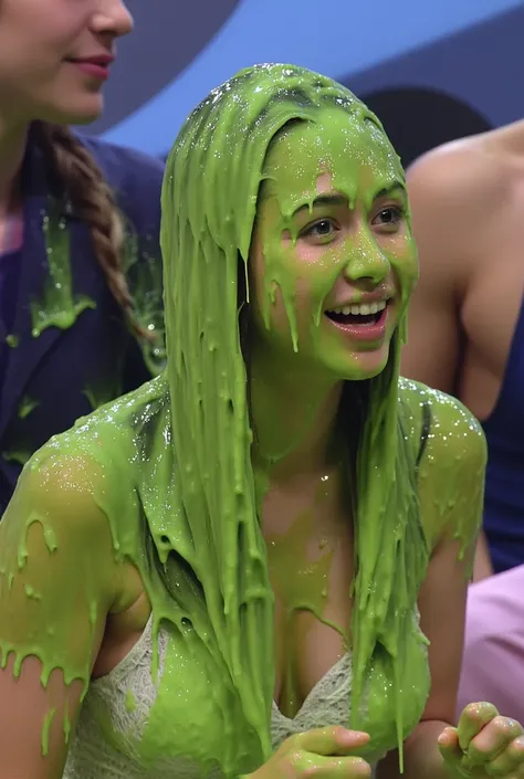 photograph of cute Chinese woman covered in green slime. Photorealistic. F/1.8 aperture. 35mm. Glistening liquid. Green slime. Slime. Dripping green goo. Raw photo. (Chinese: 1.3). Pretty Chinese girl. Chinese woman. Average Chinese girl. Wearing white bra...