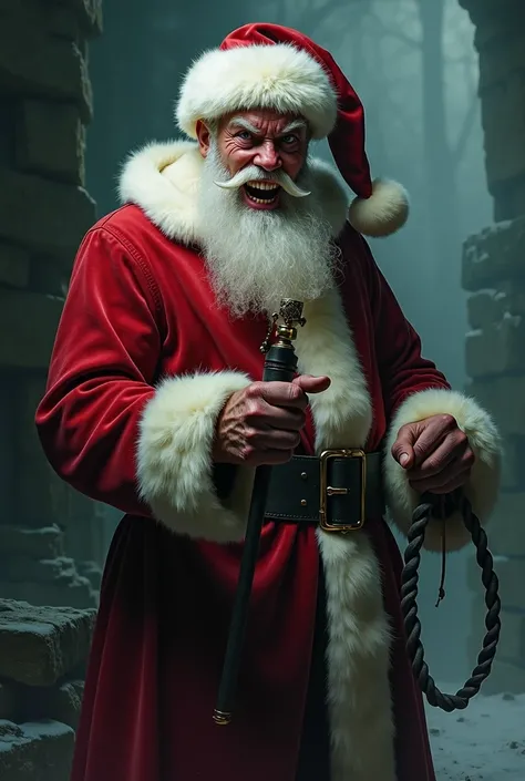  Santa Claus with a leather whip like a suit in his hand,  as if he were already going to hit someone . His face of malevolent laughter .