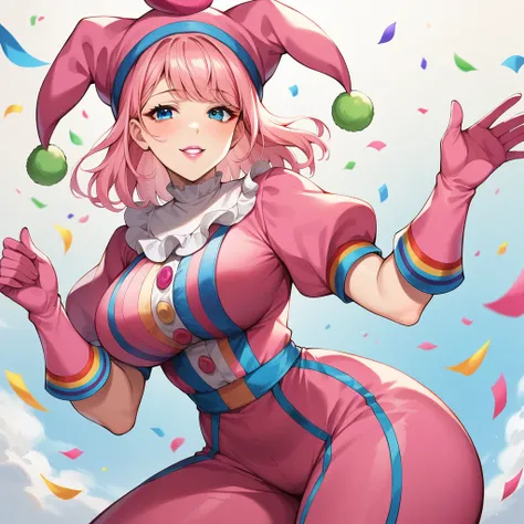 confetti, (masterpiece, best quality:1.2), 1girl, solo, pink lipstick, long pink hair, waist length hair, hair down to waist, blue eyes, pink gloves, puffy sleeves, curvy, pink jester cap, bangs, expressive eyes, perfect face, anime style, 4K, best quality...